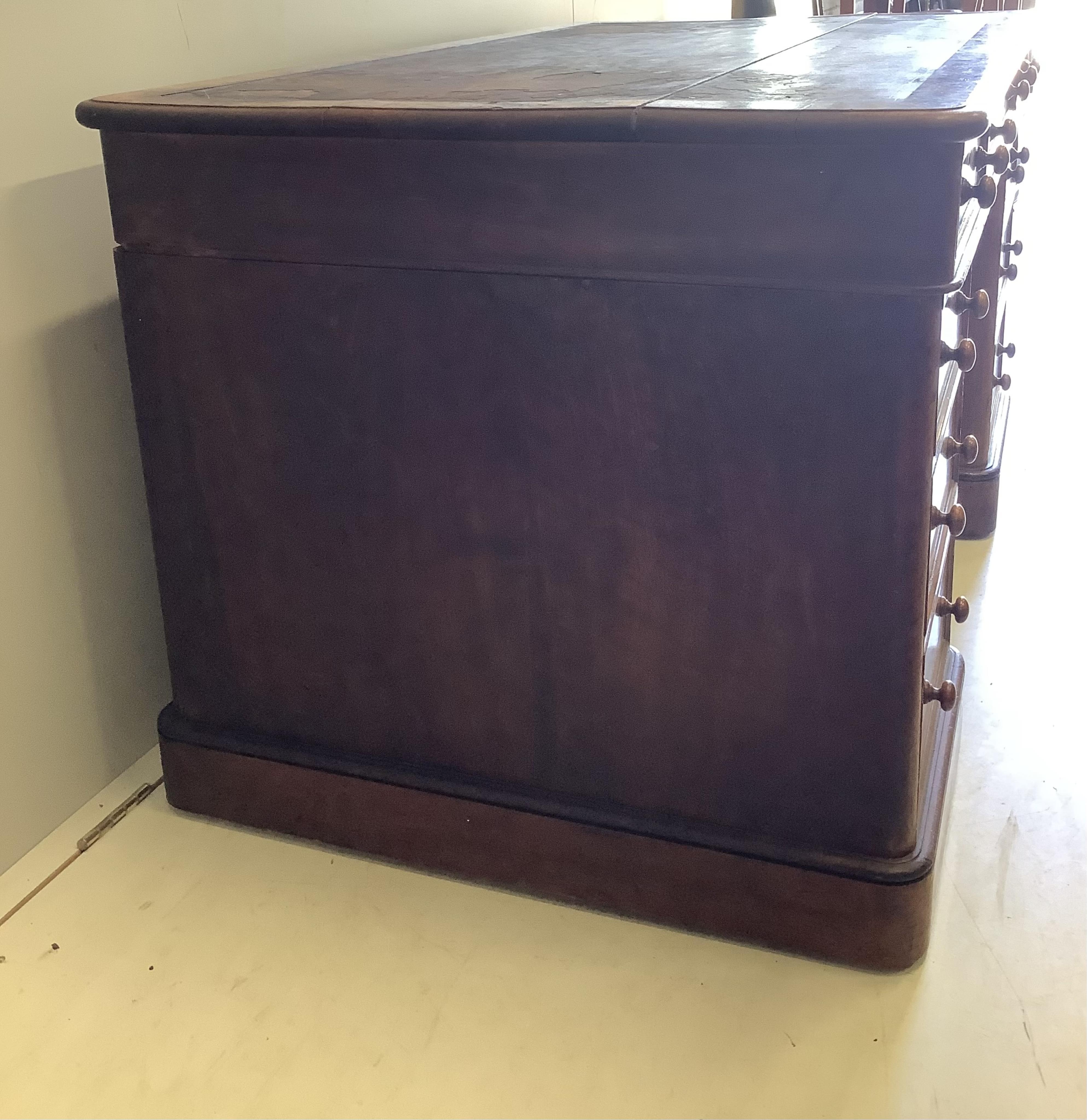 A Victorian burr walnut pedestal desk, width 140cm, depth 80cm, height 74cm. Condition - poor to fair